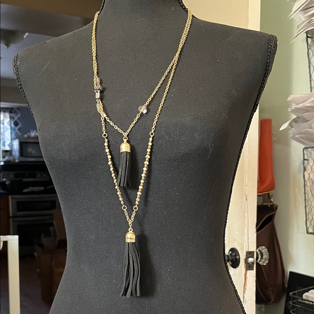 Express Gold and Black Layered Tassel Necklace